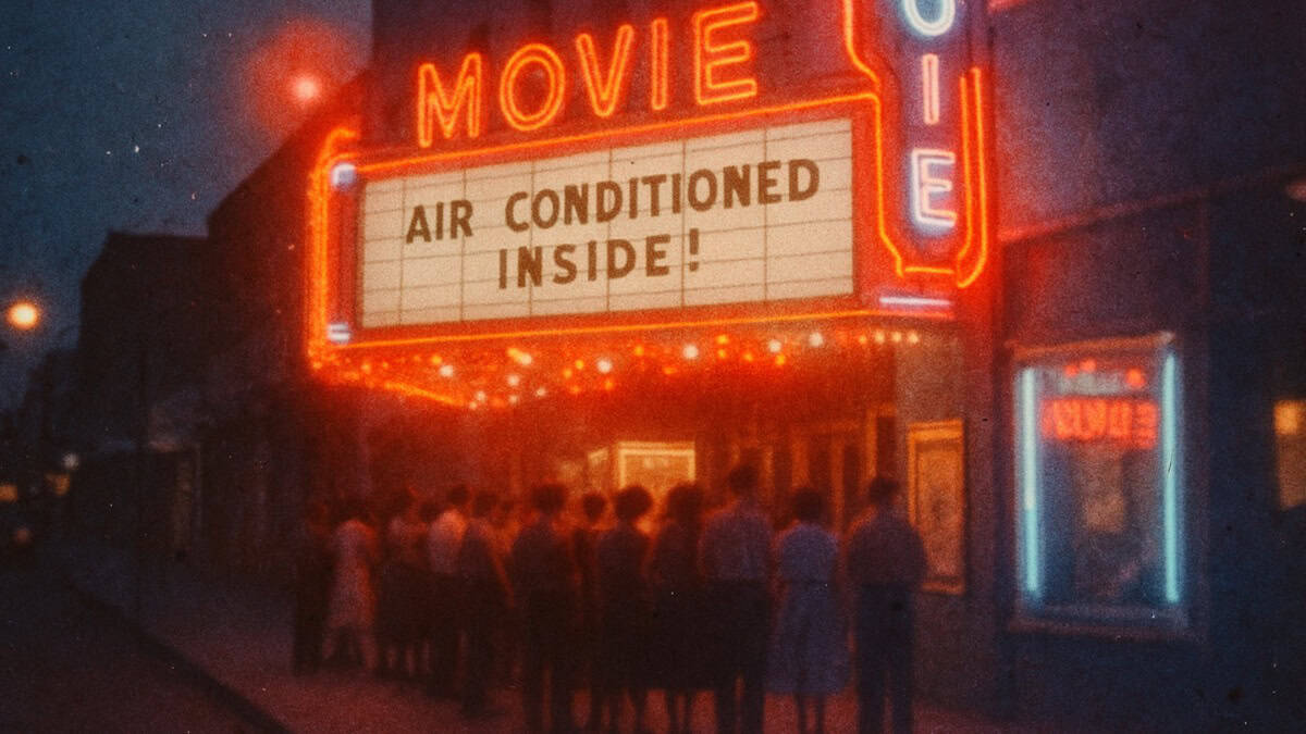 A nostalgic scene depicting kids enjoying a movie theater, a refuge from summer heat without air conditioning.
