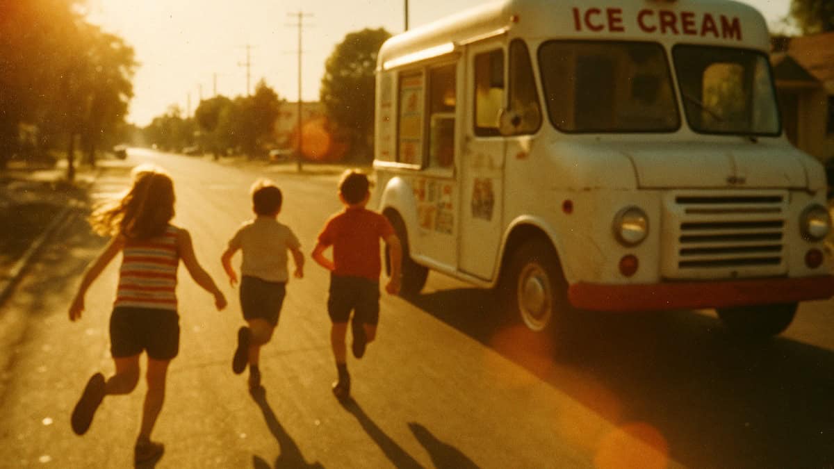 A nostalgic scene of kids chasing an ice cream truck in summer heat.
