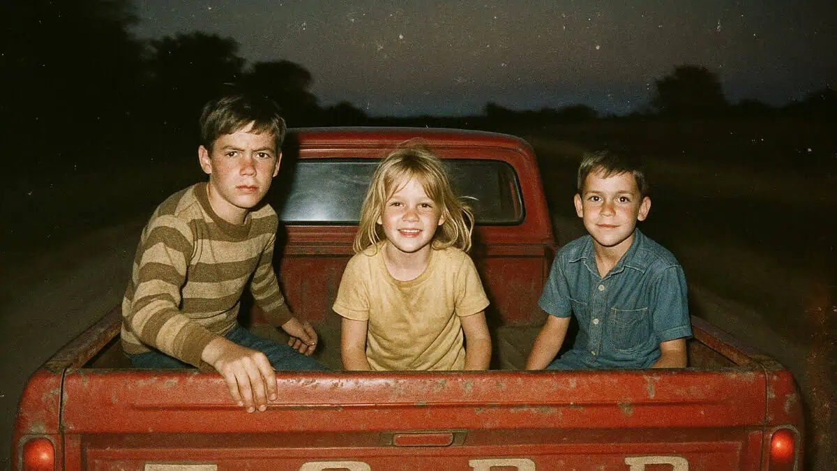 Image showing children riding in the back of a pickup truck, highlighting past parenting norms.