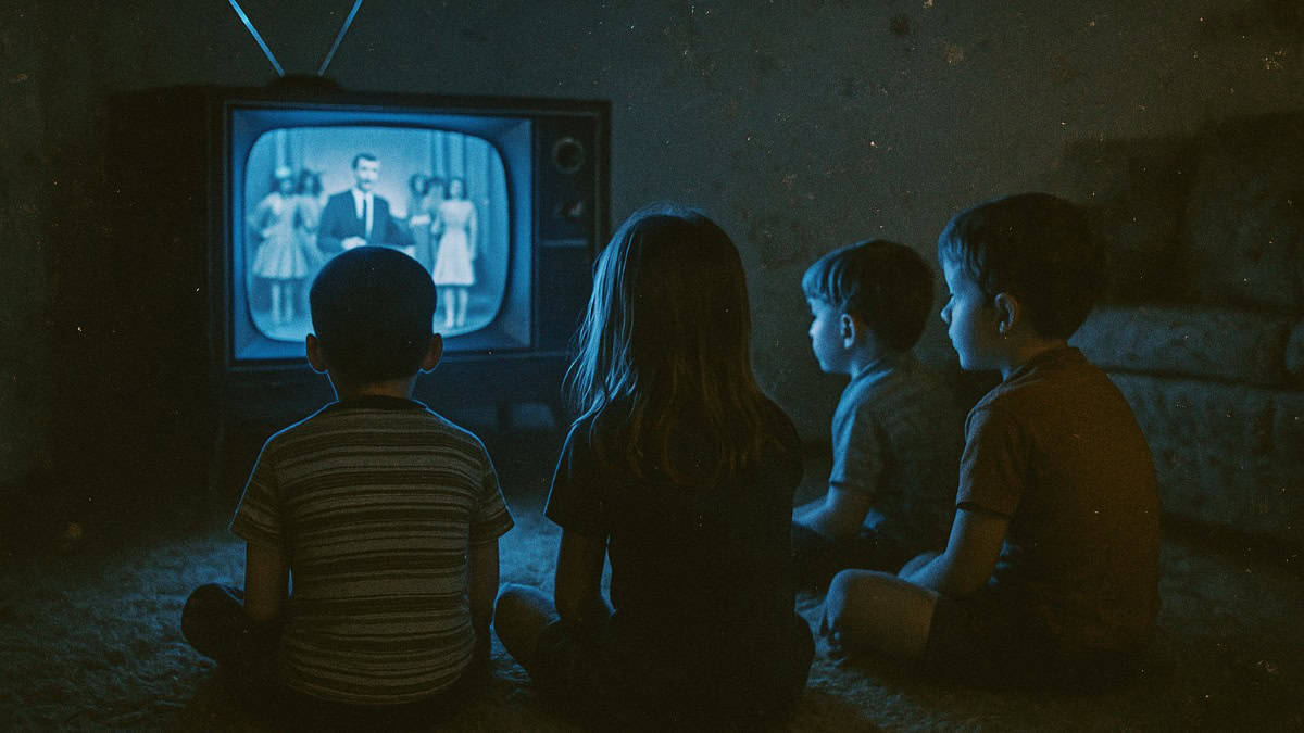 Old-School Discipline Methods That Actually Worked 5 A nostalgic scene of kids watching whatever was on TV, reflecting the post's theme of 'problematic' childhood activities.