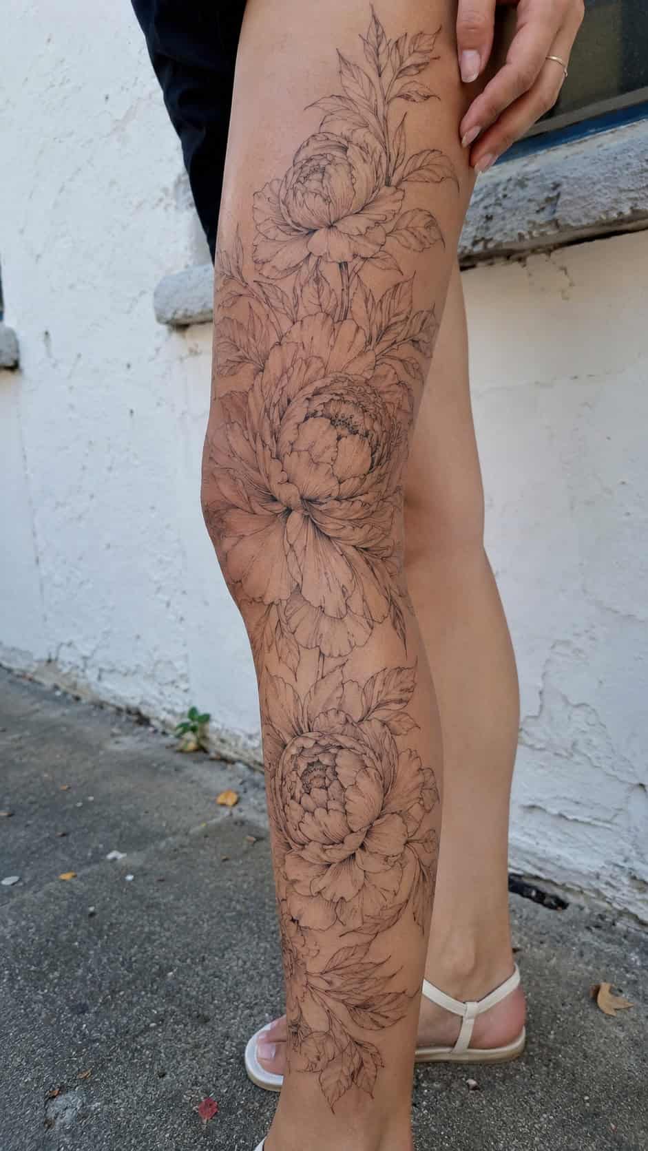 32 Gorgeous Female Leg Sleeve Tattoos 47 Fine-Line Peony Bloom