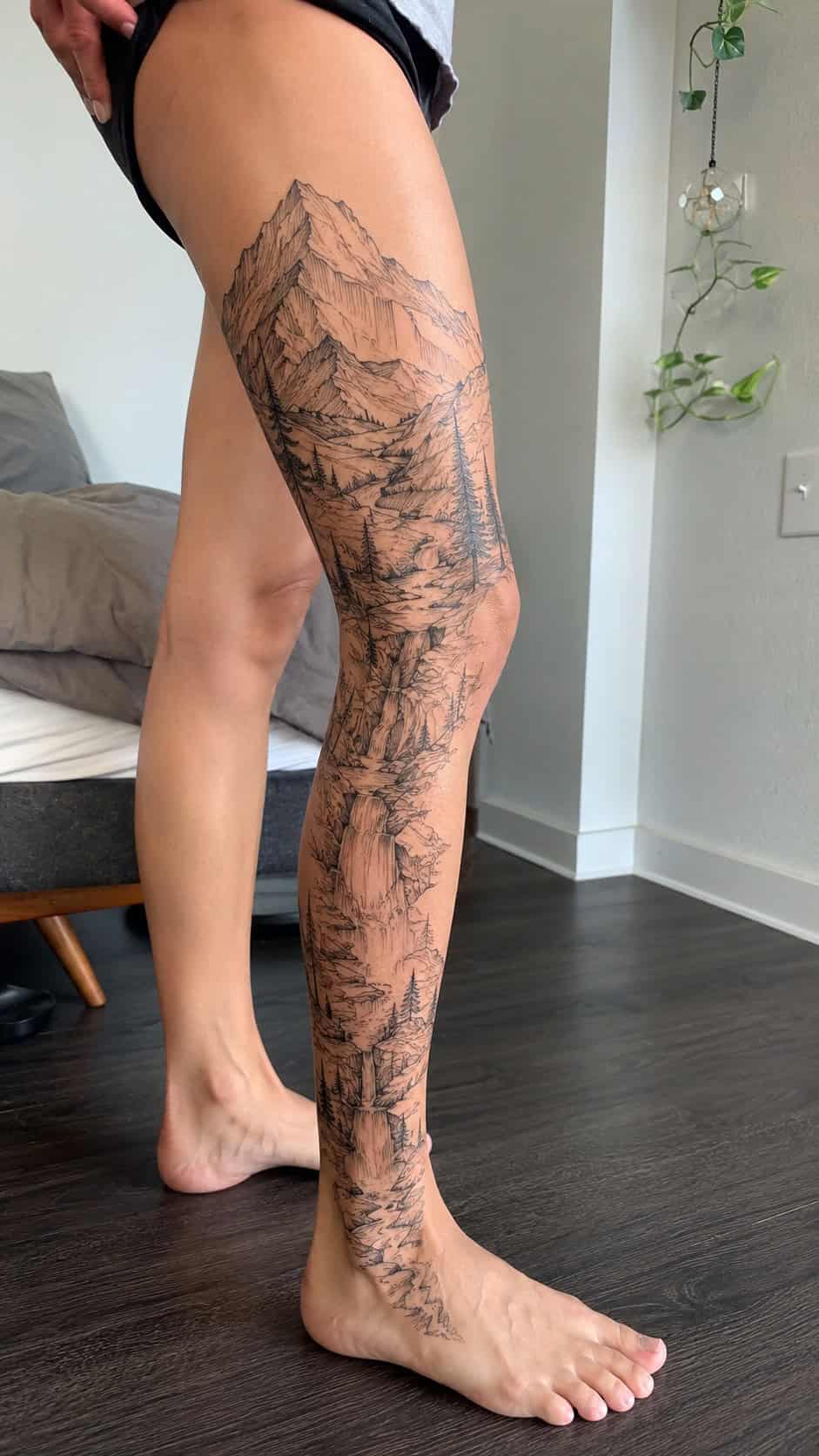 32 Gorgeous Female Leg Sleeve Tattoos 56 Fine-Line Mountain Landscape