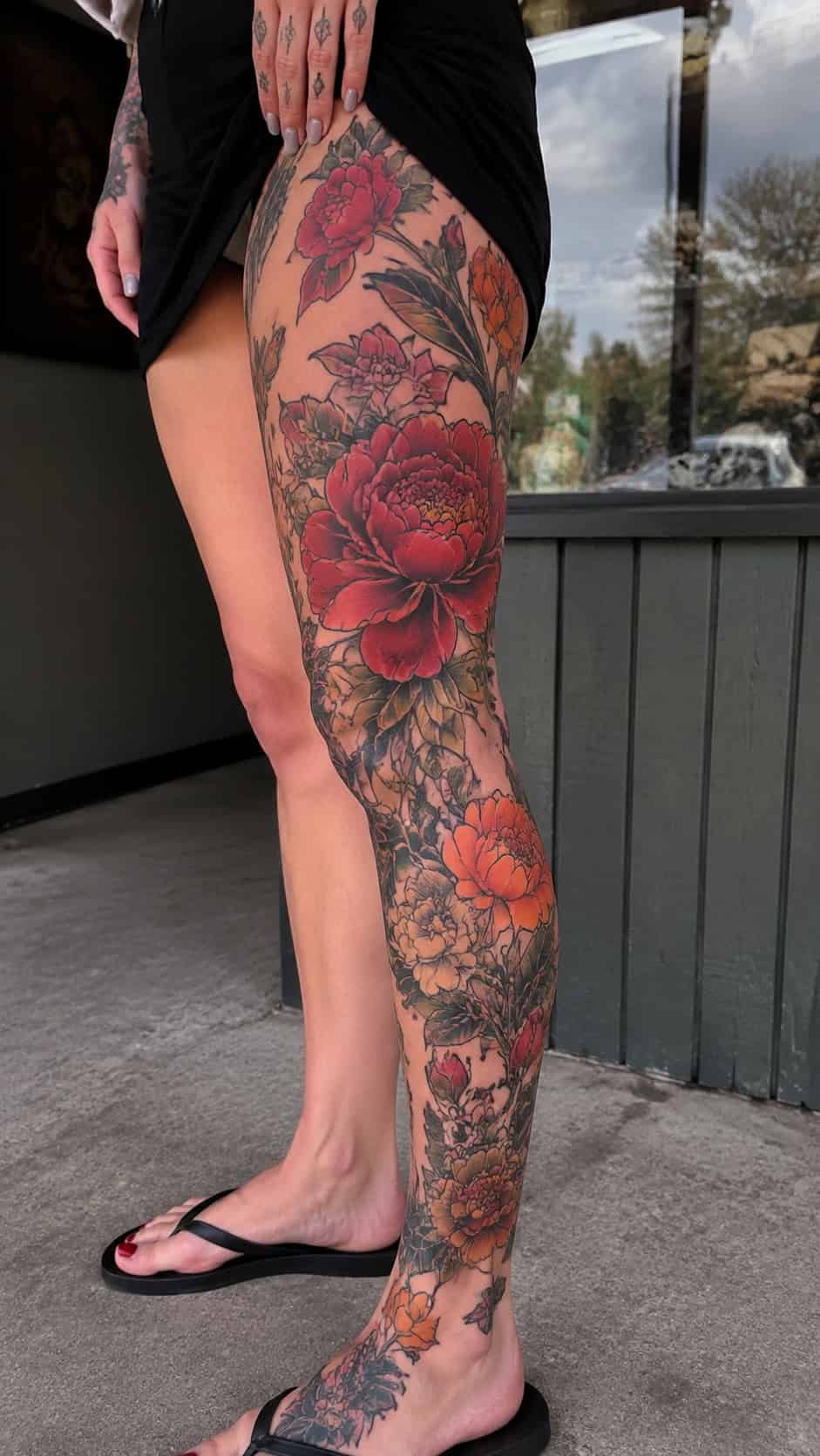 32 Gorgeous Female Leg Sleeve Tattoos 57 Neo-Traditional Bold Florals