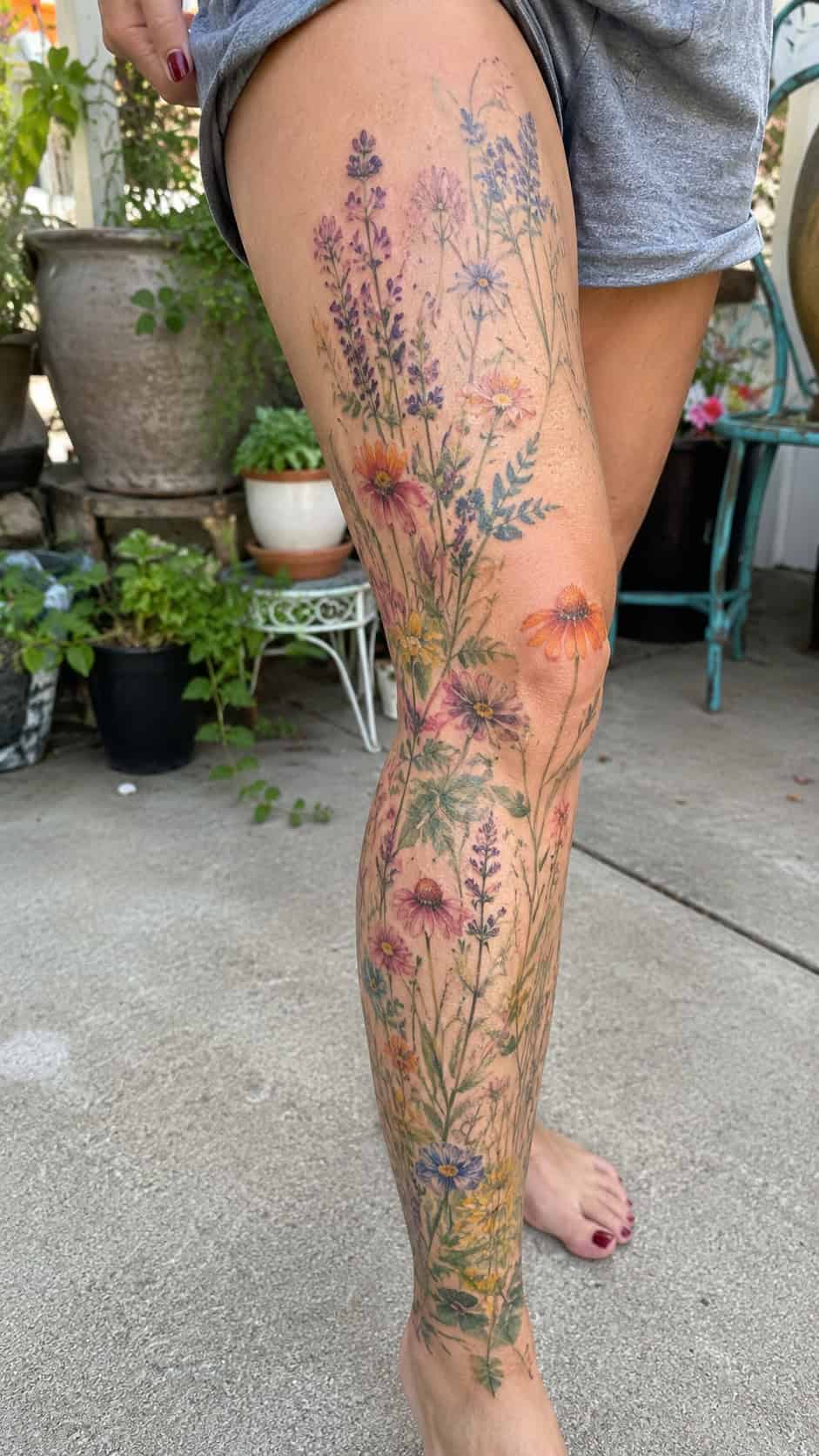 32 Gorgeous Female Leg Sleeve Tattoos 50 Watercolor Wildflower Field