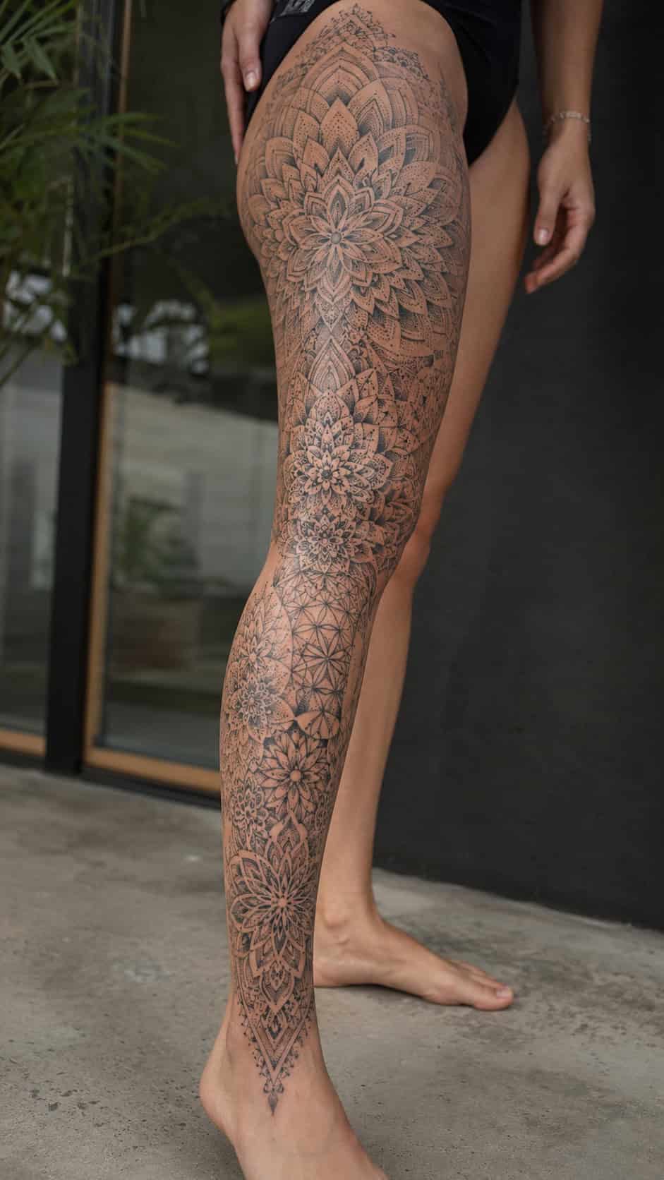 32 Gorgeous Female Leg Sleeve Tattoos 51 Geometric Dotwork Mandala Flow