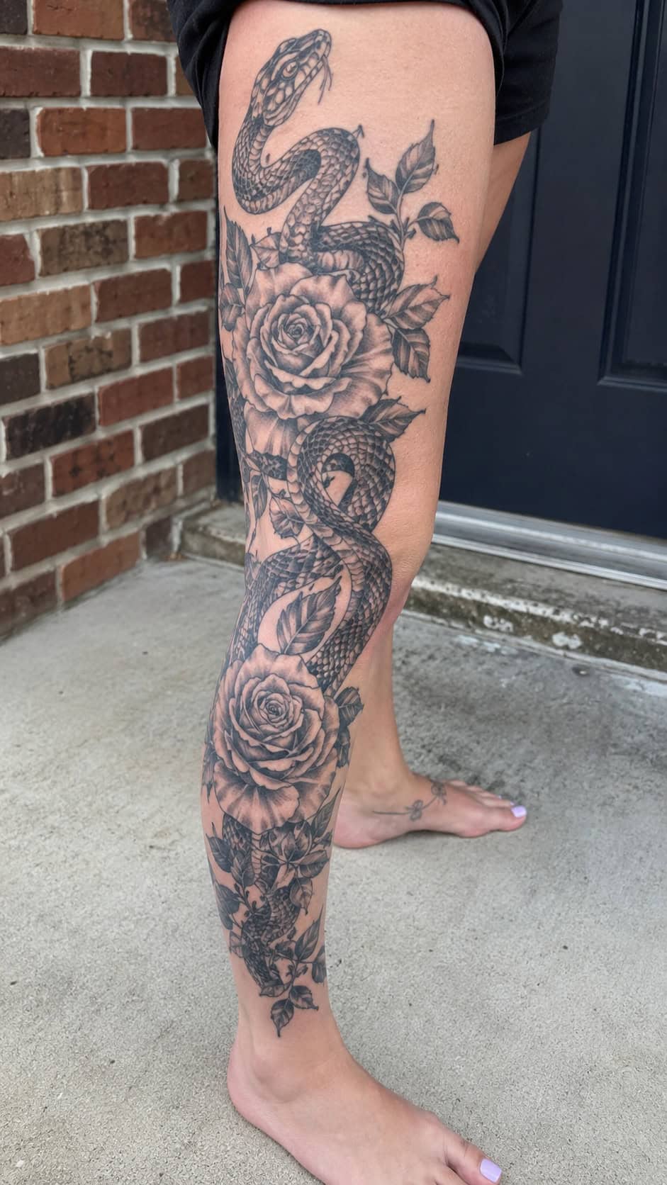 32 Gorgeous Female Leg Sleeve Tattoos 52 Snake and Rose Garden