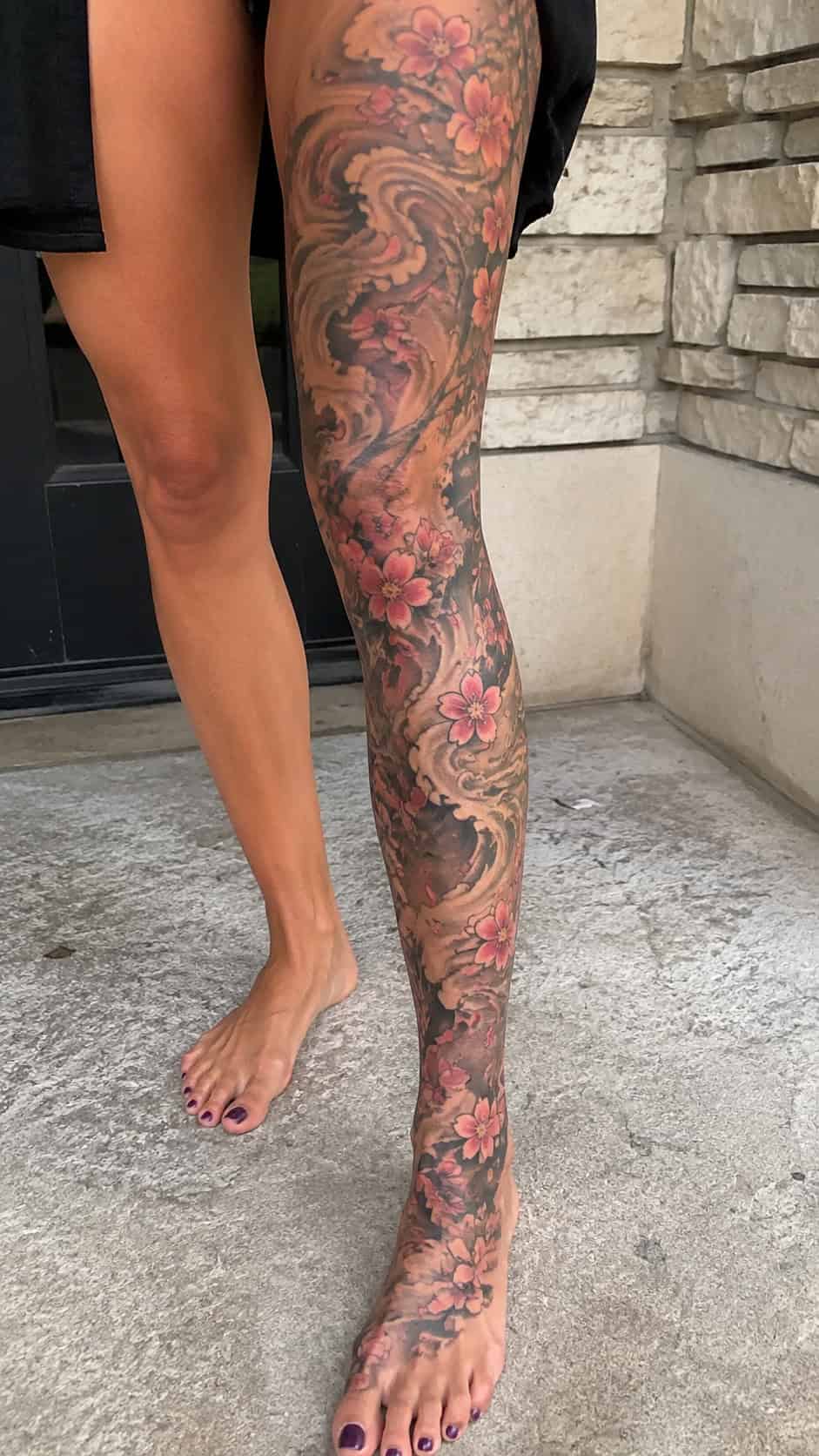 32 Gorgeous Female Leg Sleeve Tattoos 54 Cherry Blossom Storm