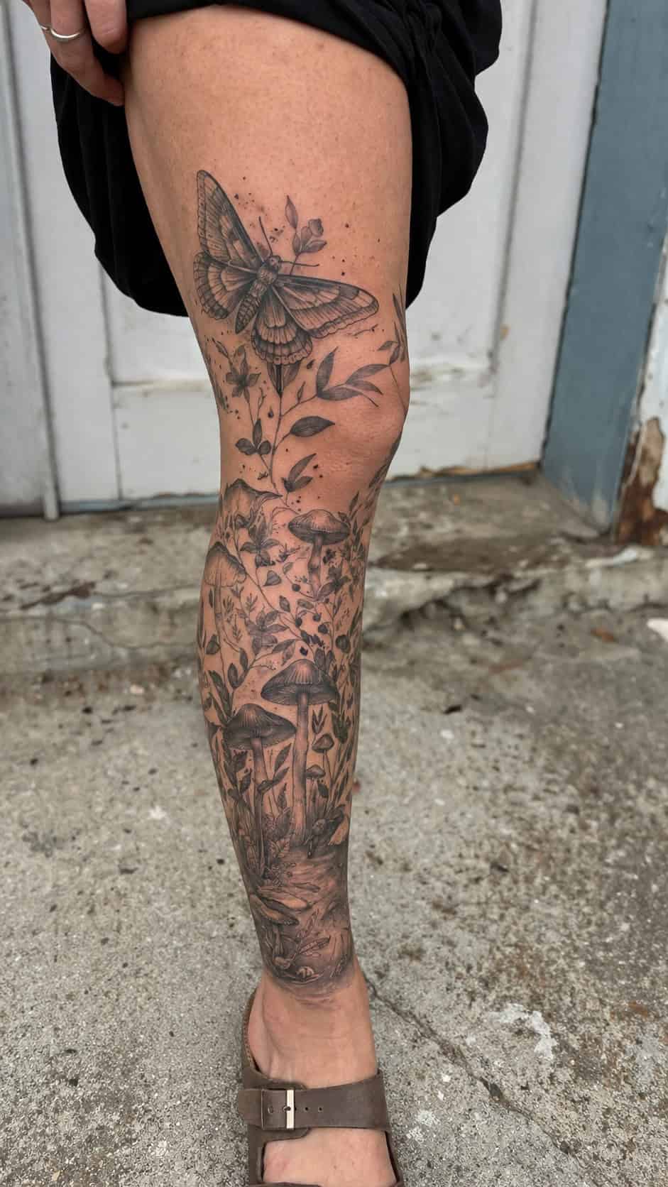 32 Gorgeous Female Leg Sleeve Tattoos 55 Moth and Mushroom Forest Floor