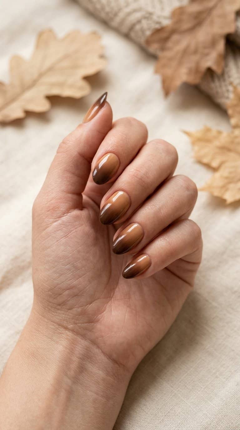 A hand with short brown ombre nails resting beside a few autumn leaves.