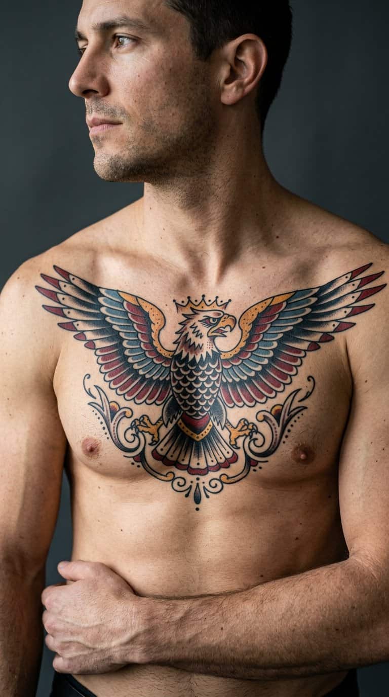 A man displays a large eagle tattoo across his chest.