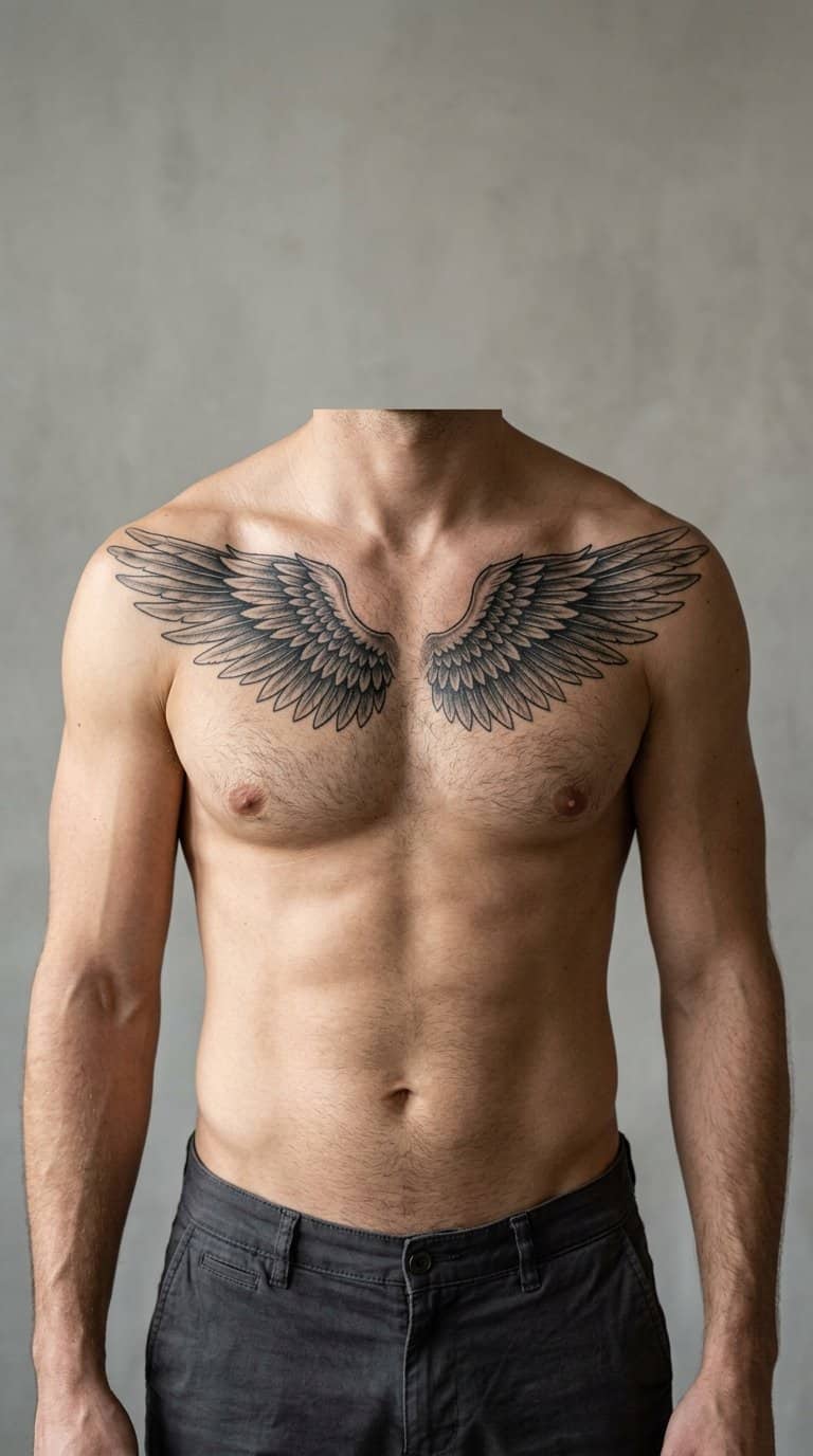 A man displays a detailed angel wings tattoo across his chest.