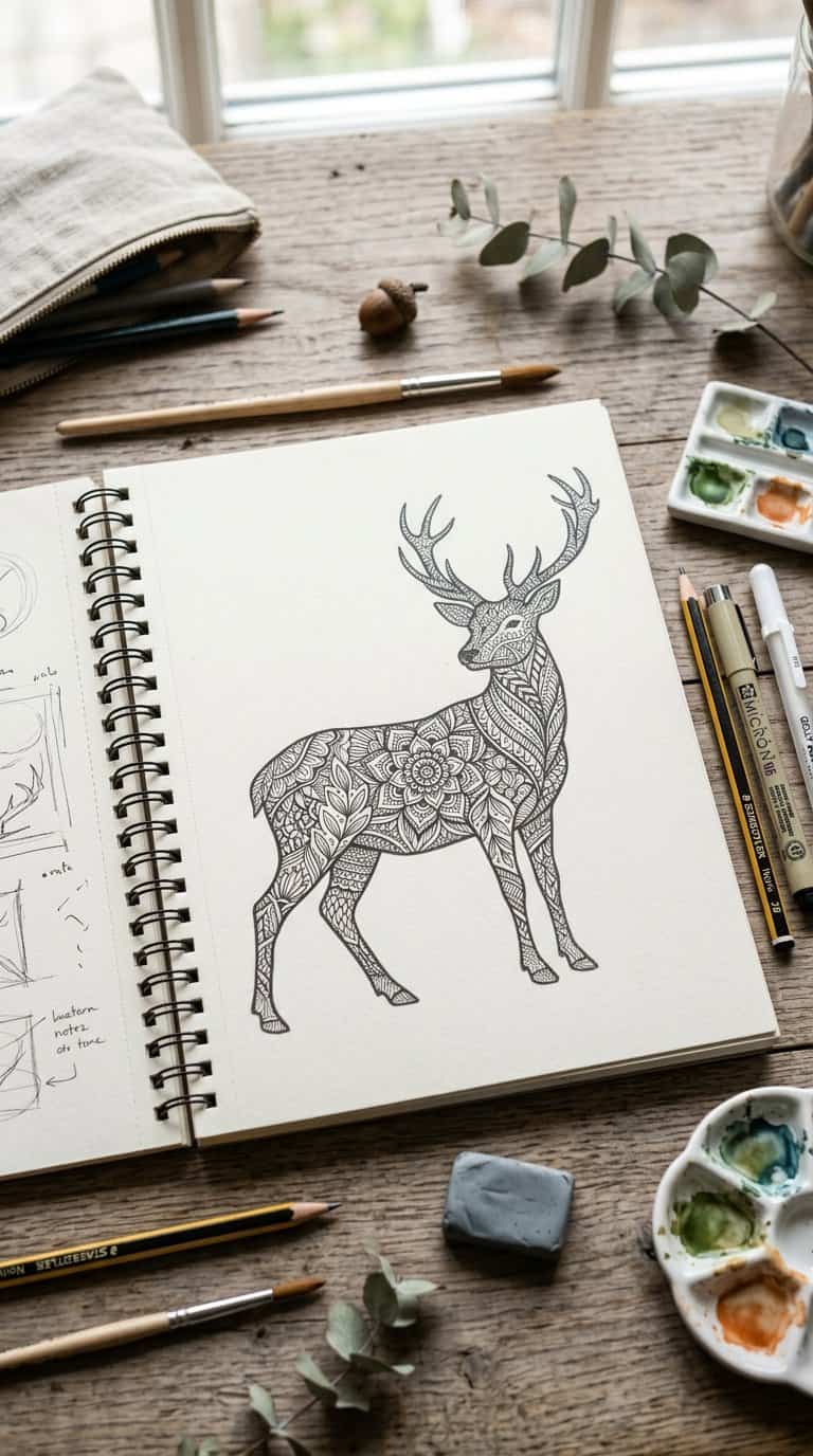 An open sketchbook displays an animal silhouette filled with detailed decorative patterns, surrounded by drawing supplies.
