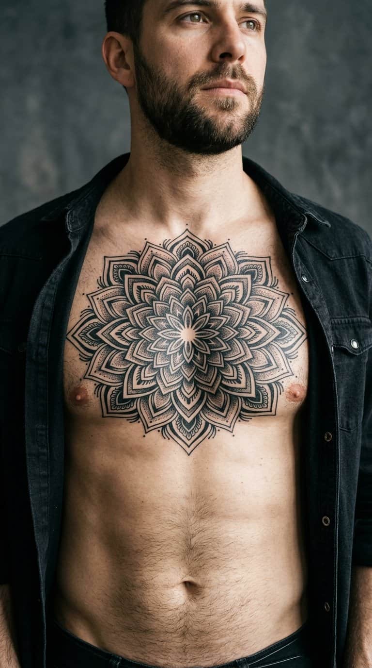 A man displays a detailed black mandala tattoo centered on his chest.