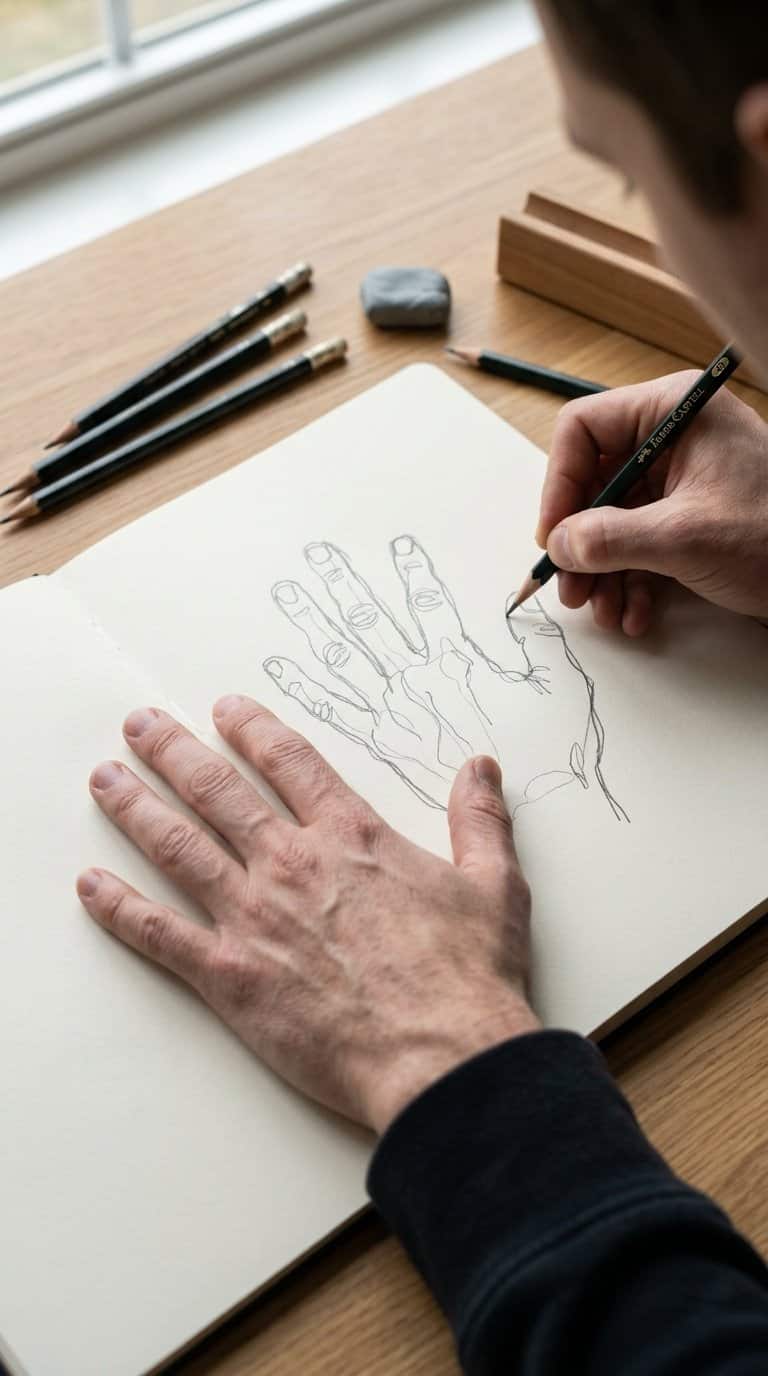 A person draws a continuous outline of their resting hand in a sketchbook.
