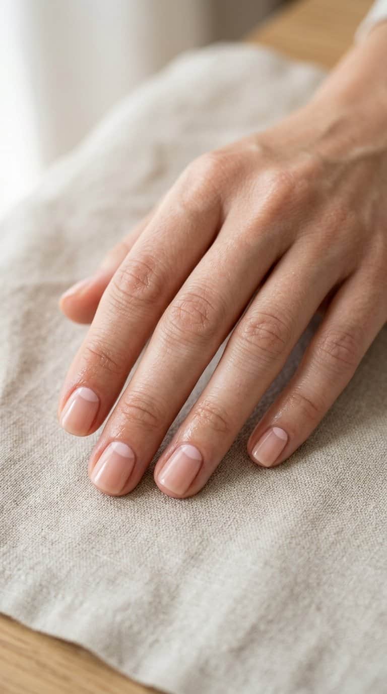 A hand with short nails painted in a blush-pink half-moon manicure.