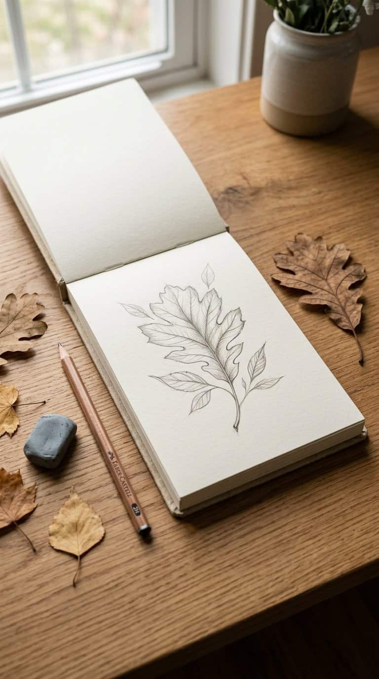 An open sketchbook displays a botanical drawing based on a fallen leaf, with a real leaf, pencil, and eraser nearby.