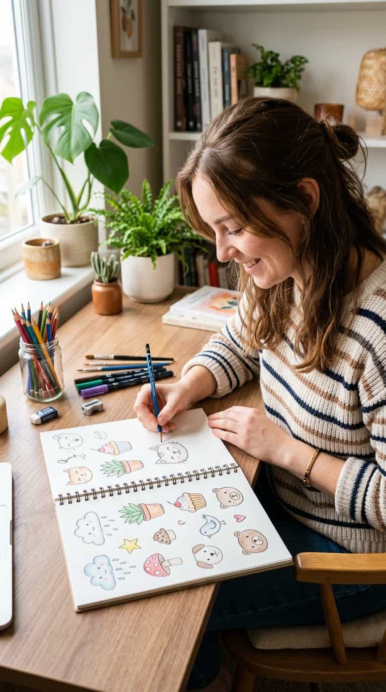 A beginner artist practices drawing cute animals and simple objects in a sketchbook at a tidy desk.