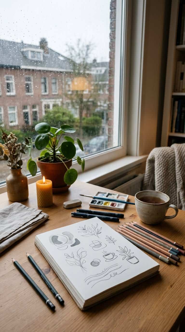 A cozy drawing workspace with an open sketchbook and art supplies beside a rain-speckled window.