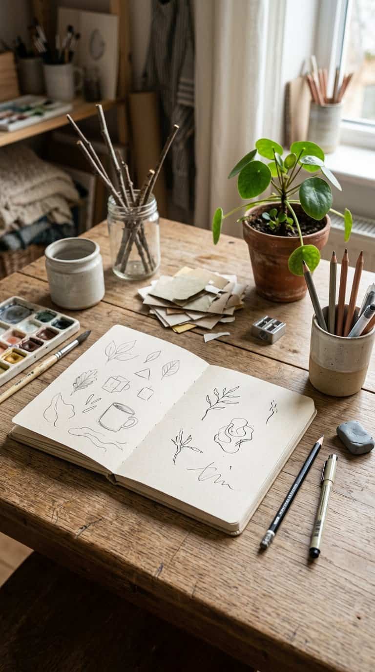 An open sketchbook with simple drawings and art supplies on a wooden desk beside a small leafy plant.