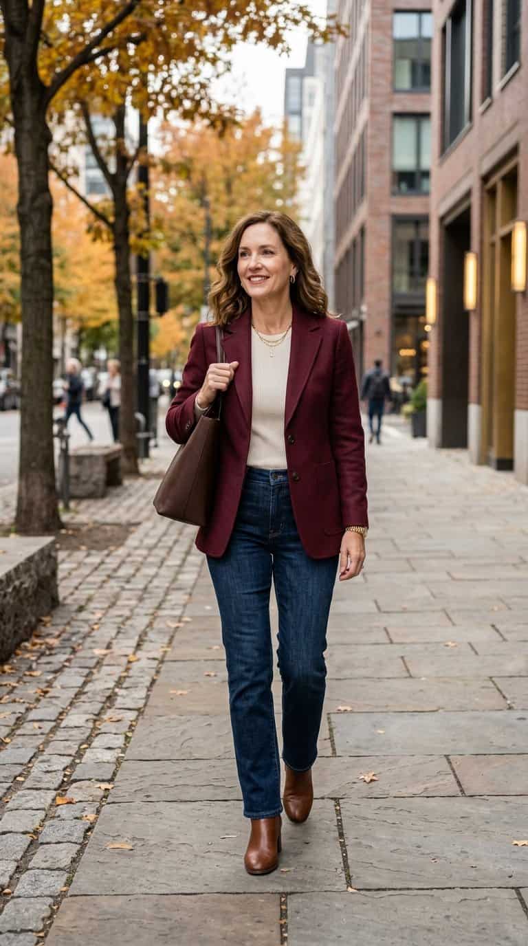 A woman in a burgundy blazer, dark jeans, and ankle boots stands on a tree-lined city sidewalk.