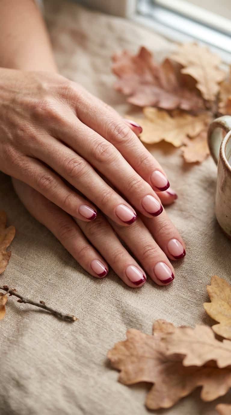 A hand with short nails painted with burgundy French tips rests on a warm neutral surface.