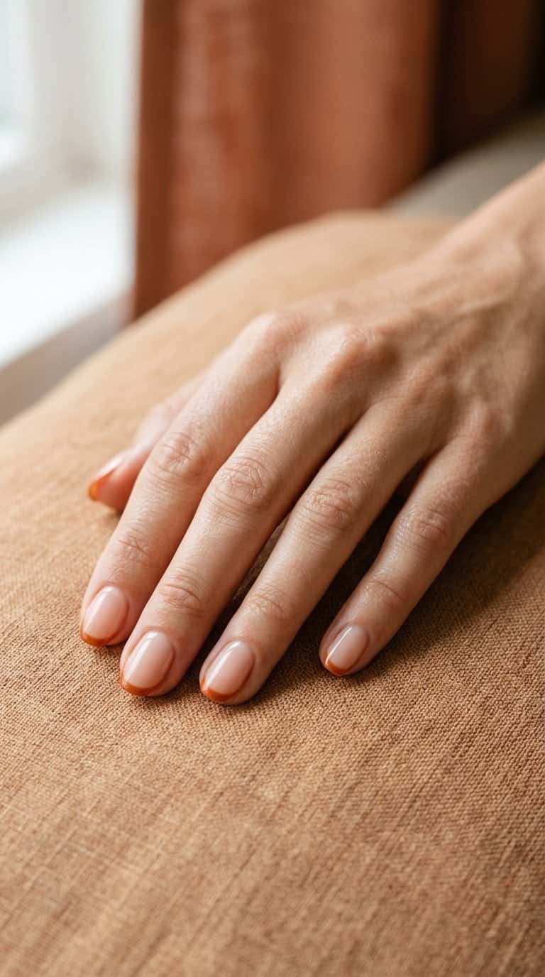 A hand with short nude nails featuring thin burnt-orange French tips.