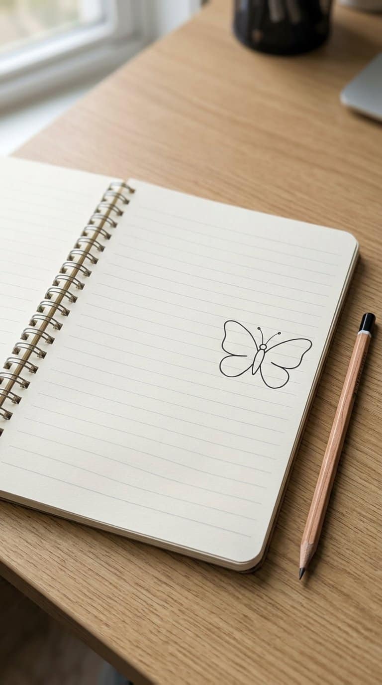 An open notebook with a simple butterfly outline drawn near the page margin and a pencil resting nearby.