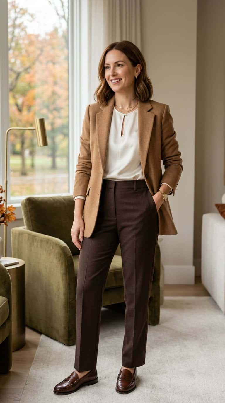 A woman wears a camel blazer over an ivory blouse in a softly lit modern interior.