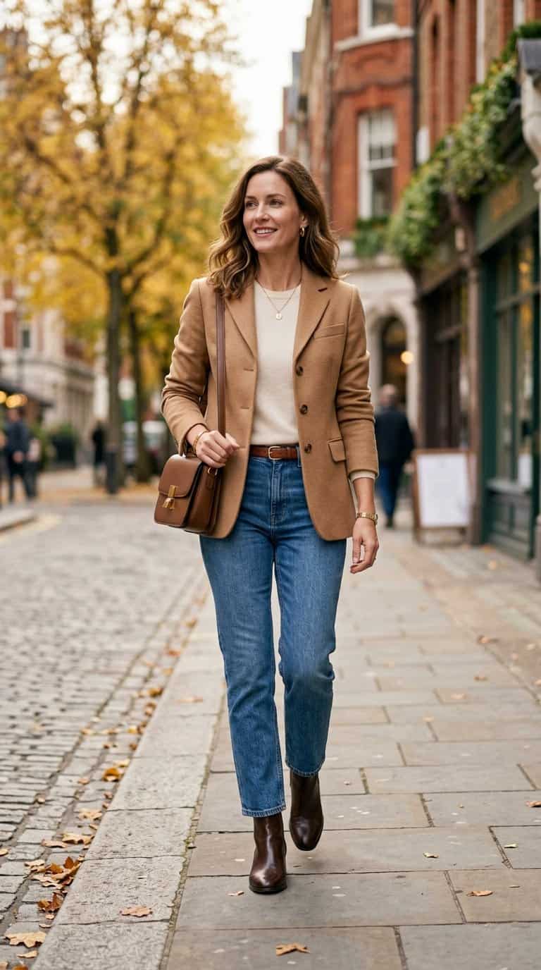 A person wearing a camel jacket, cream top, straight-leg jeans, and ankle boots on an autumn city street.