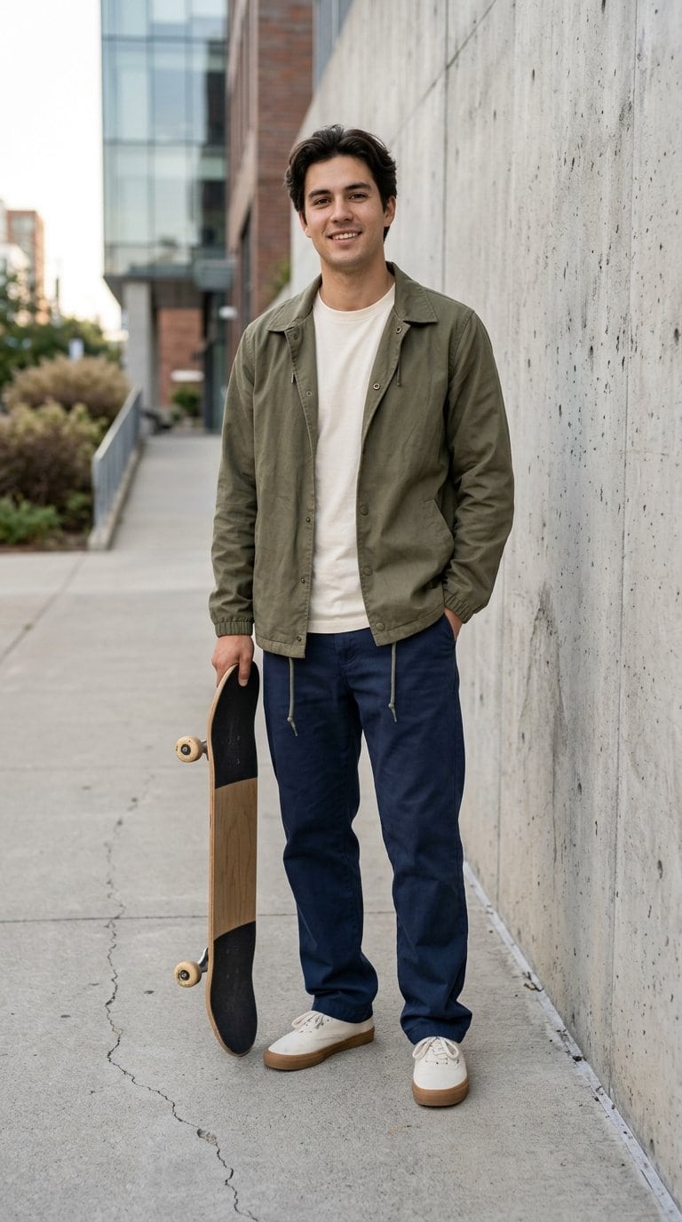 A person wearing a canvas jacket, relaxed chinos, and sneakers stands beside a concrete wall with a skateboard.