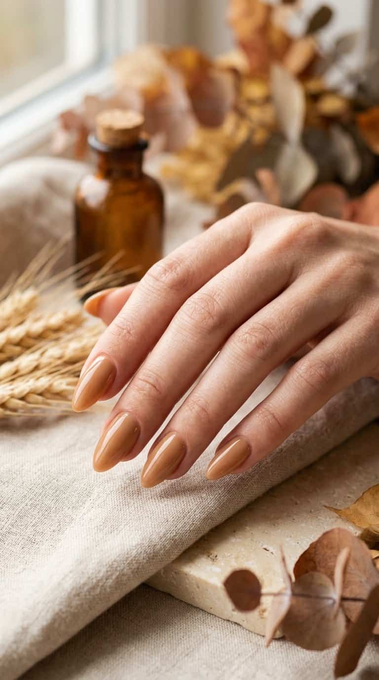 A manicured hand with glossy caramel nude almond-shaped nails rests among warm autumn-toned accents.