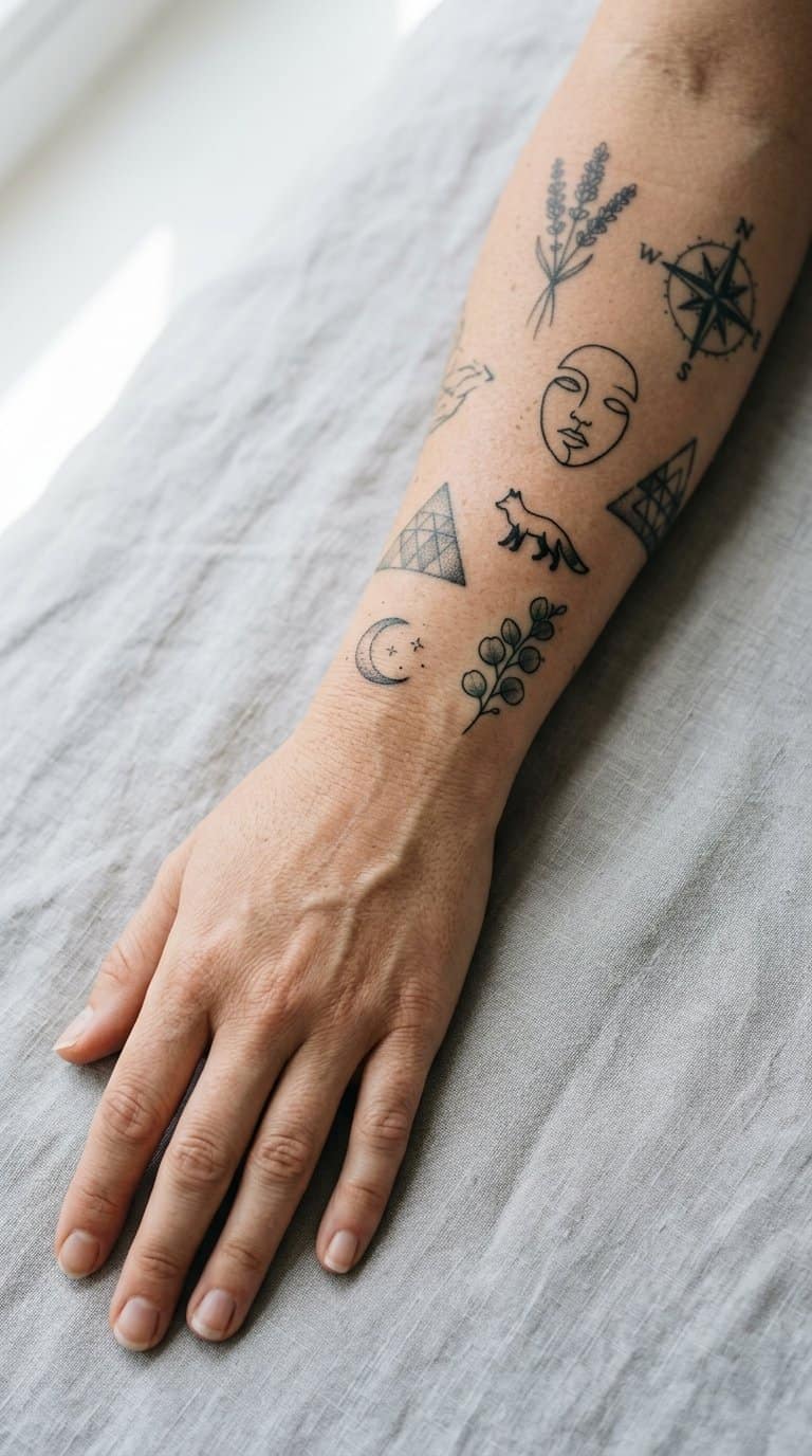 A tattooed forearm displays a growing collection of small, varied designs arranged across the skin.