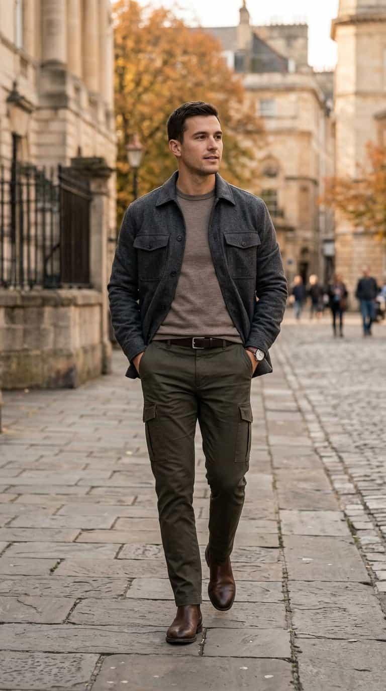 A person wearing a charcoal overshirt and cargo pants stands outdoors in an urban fall setting.