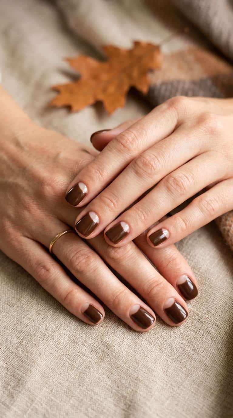Close-up of short chocolate brown half-moon manicured nails resting on a warm neutral surface.