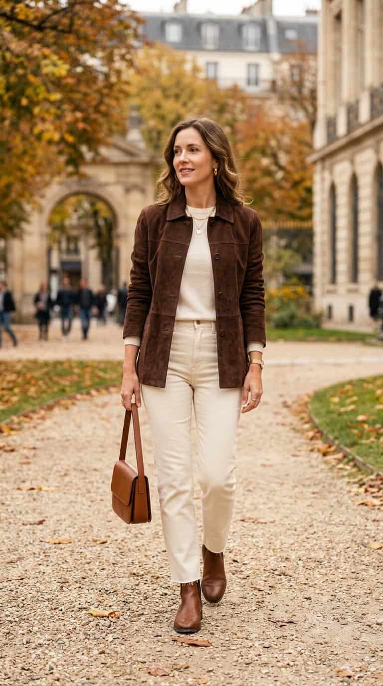 A person wearing a brown suede jacket, cream jeans, and brown ankle boots stands outdoors among autumn foliage.