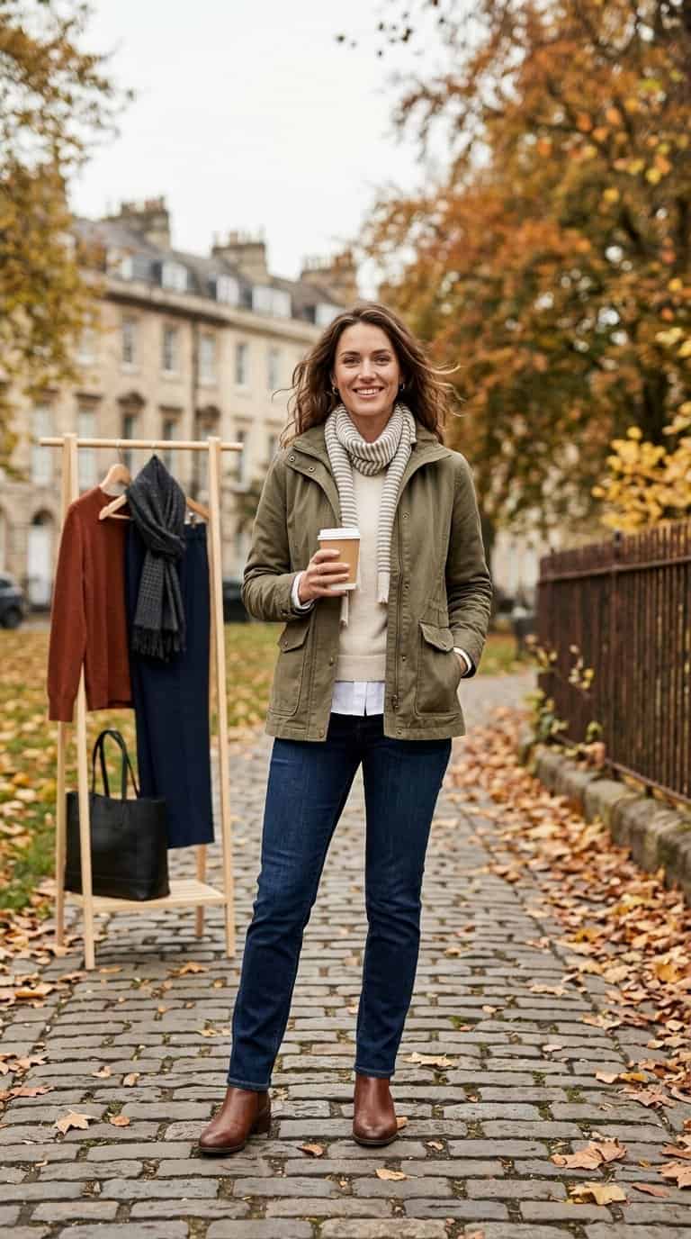 A person wearing a versatile fall jacket with layered autumn clothing in an outdoor setting.