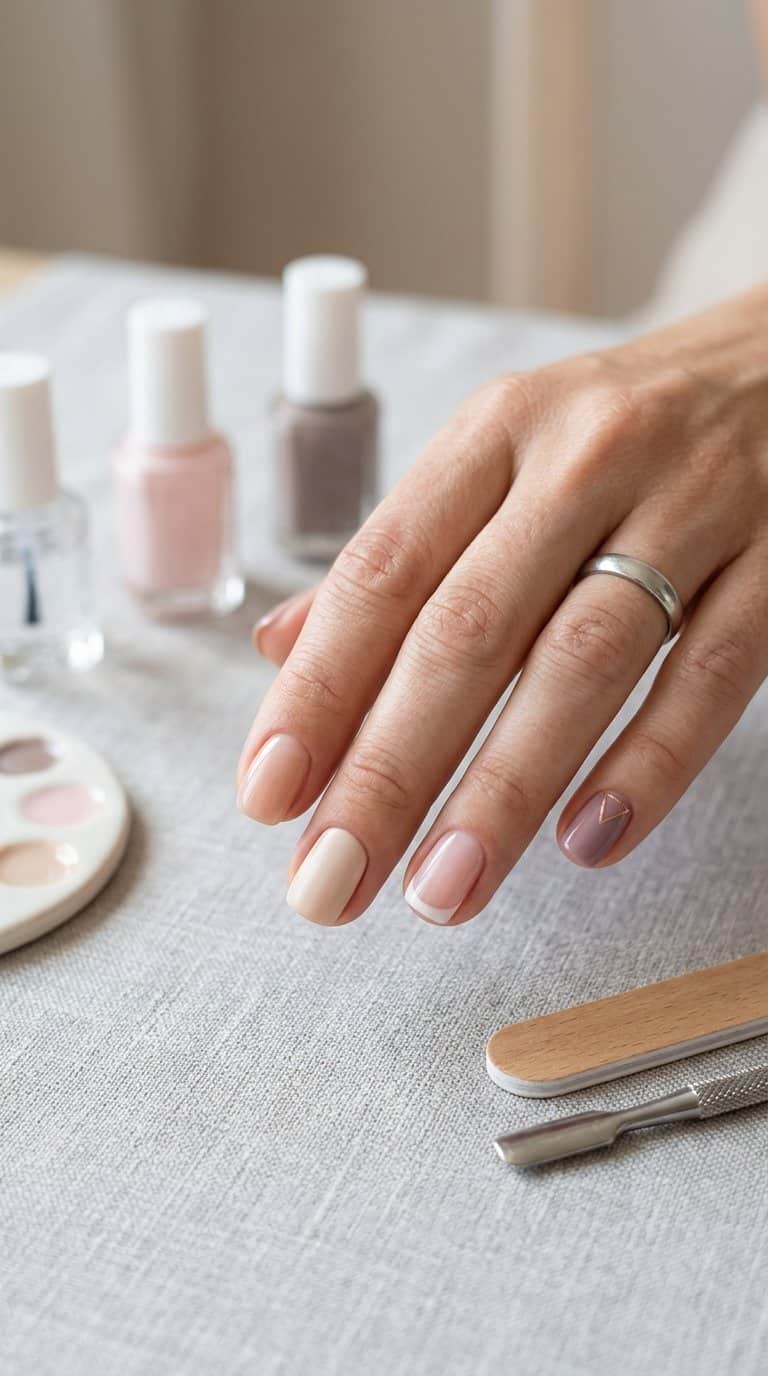 A hand with short manicured nails rests beside neutral nail polish bottles and manicure tools.