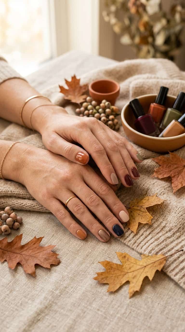 Two manicured hands display short nails in warm autumn colors beside dried leaves and cozy seasonal textures.