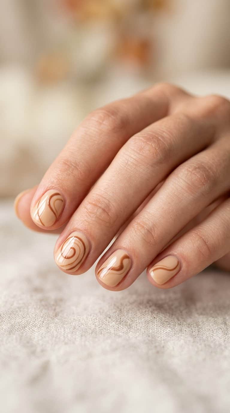A hand with short nails painted in a creamy beige and cinnamon-brown swirl pattern.