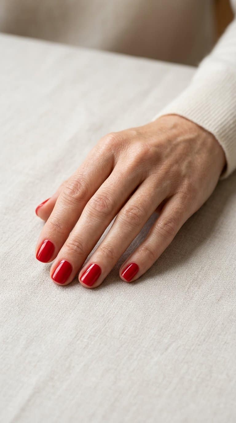 A hand with neatly painted short classic red nails resting on a light surface.