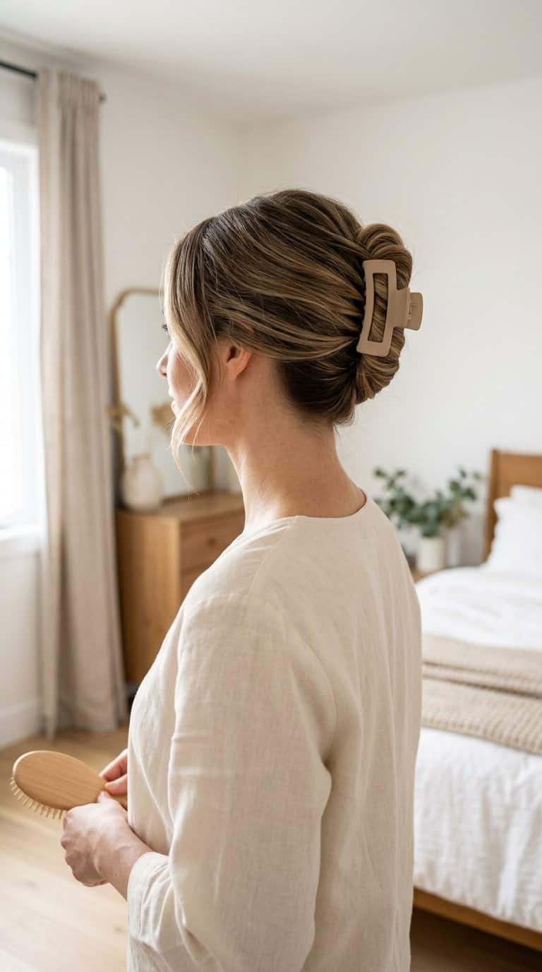 Woman wearing her hair in a claw-clip French twist in a bright bedroom.