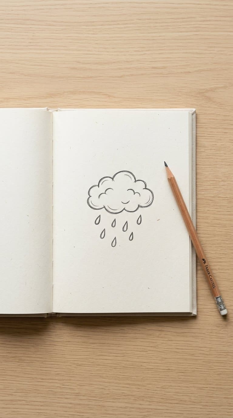 An open notebook showing a simple cloud with raindrops doodle beside a pencil.
