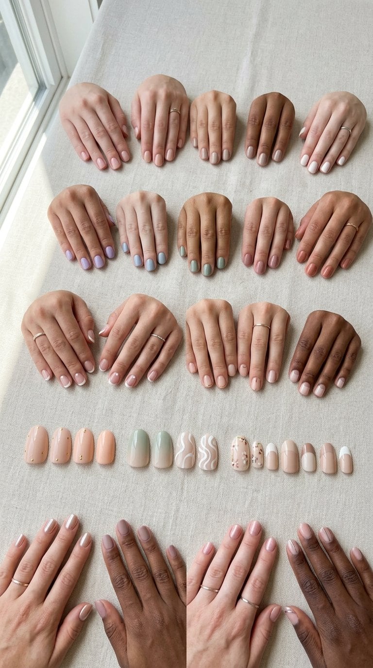 A collection of hands showing 26 short, simple manicure designs in soft everyday colors.