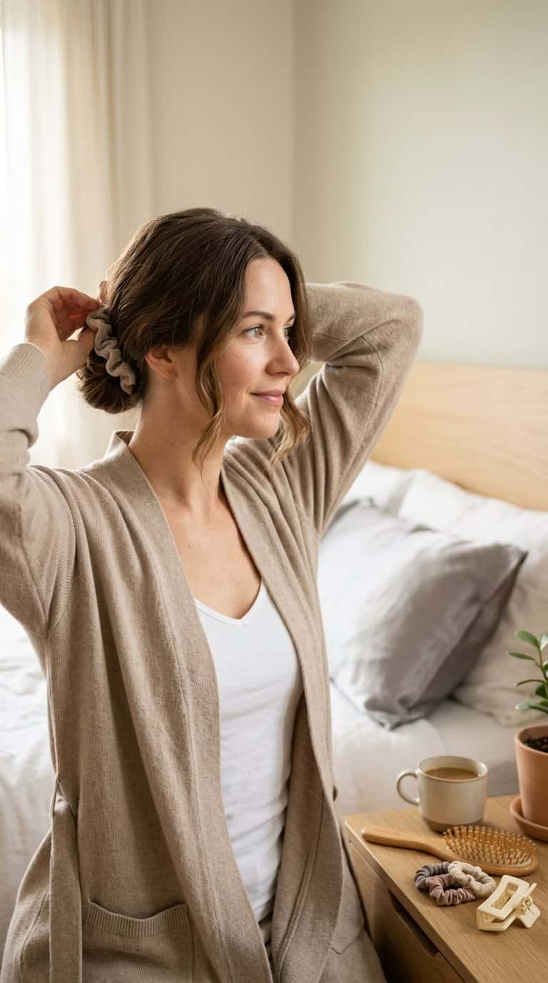 Woman with a relaxed heatless hairstyle getting ready in a softly lit bedroom.