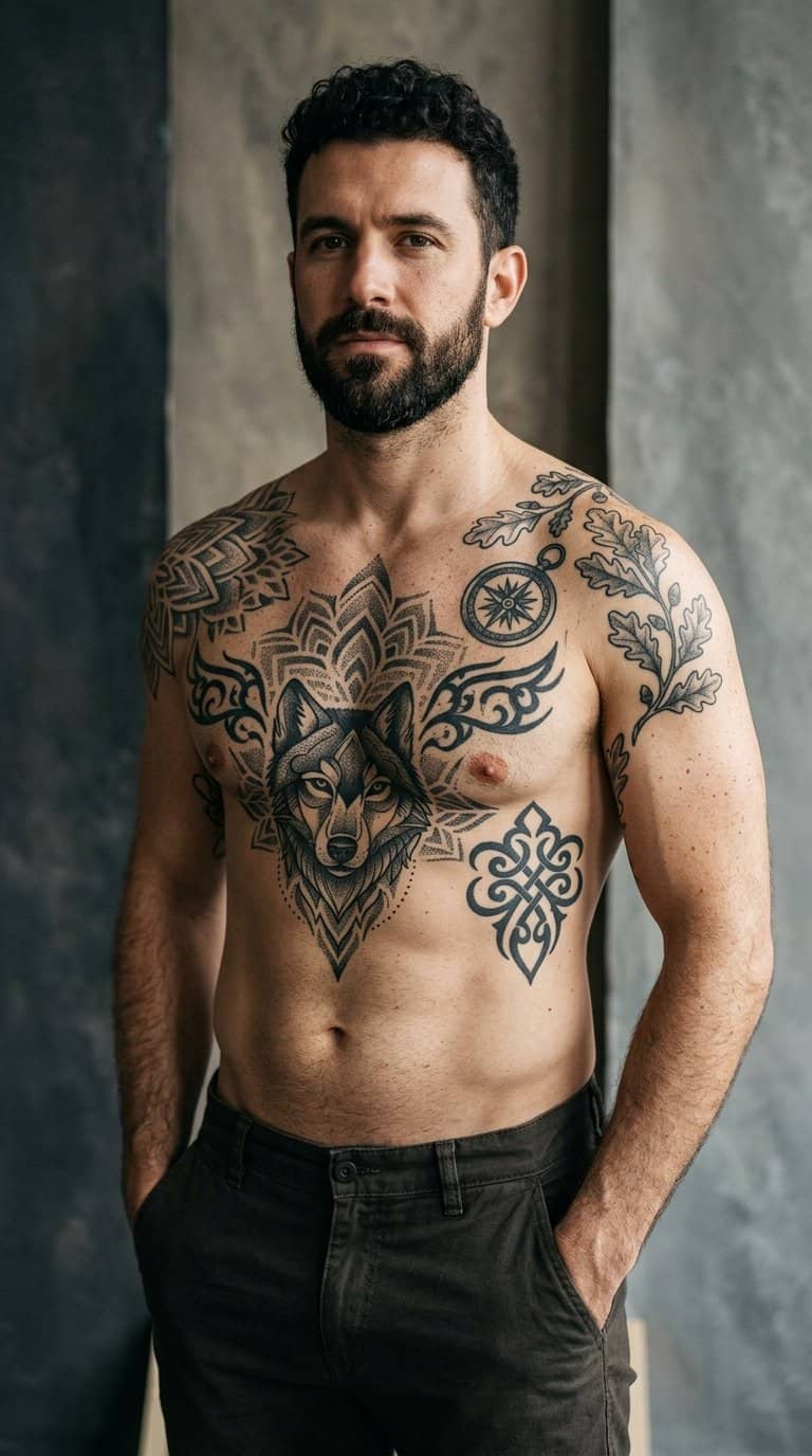 A confident man displays several artistic tattoos across his chest and shoulders in a studio setting.