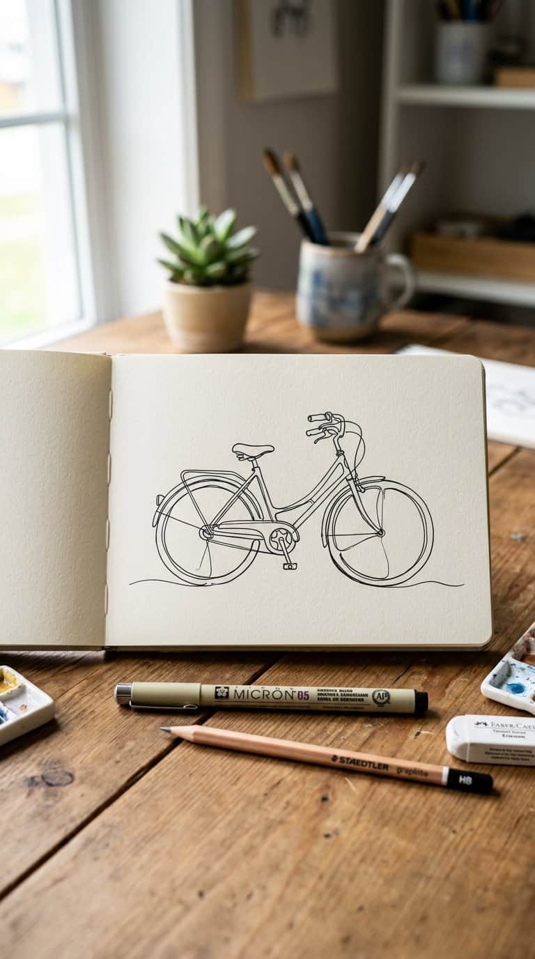 An open sketchbook displays a continuous-line drawing of a bicycle beside drawing tools.