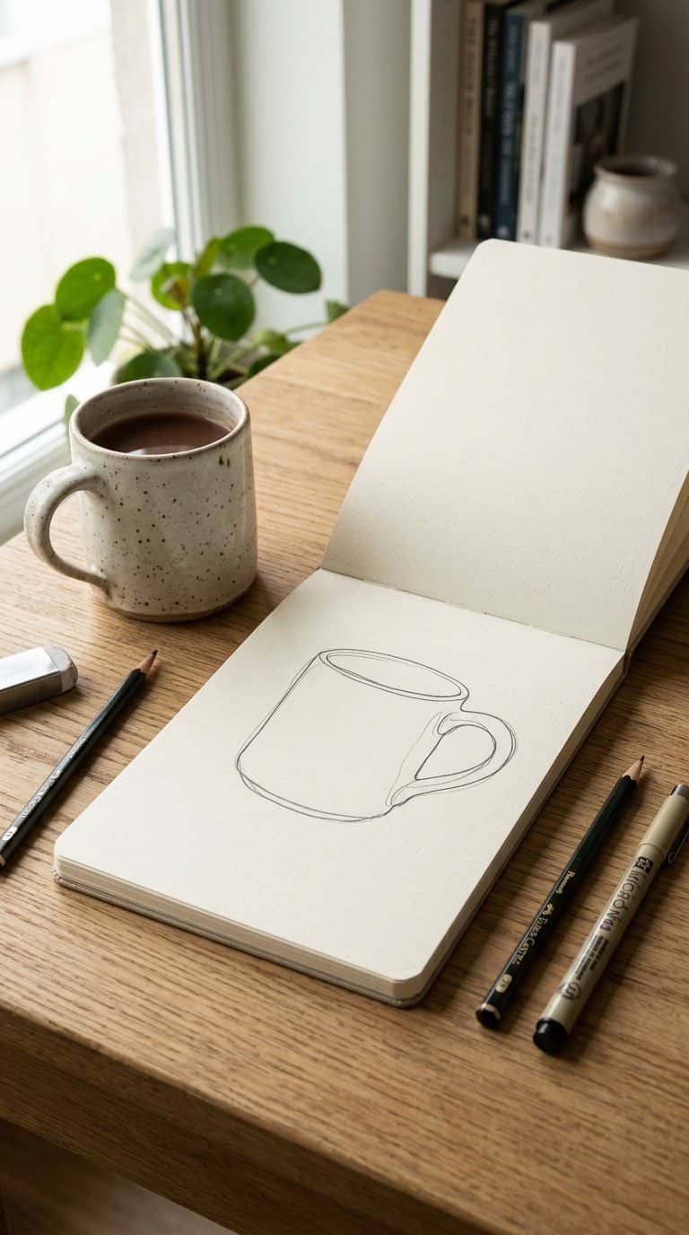 An open sketchbook with a contour drawing of a mug beside the real mug and drawing tools on a desk.