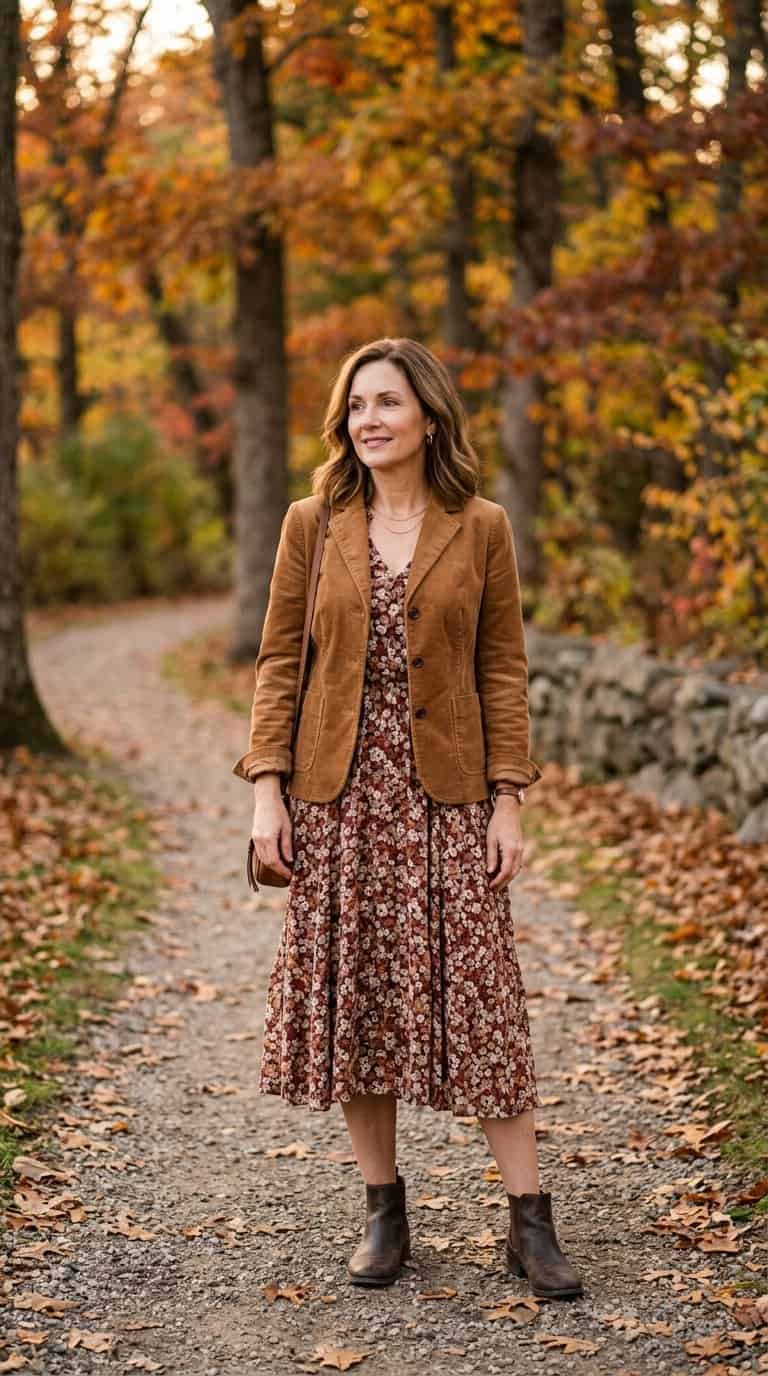 A woman wearing a brown corduroy jacket over a floral midi dress outdoors among autumn trees.