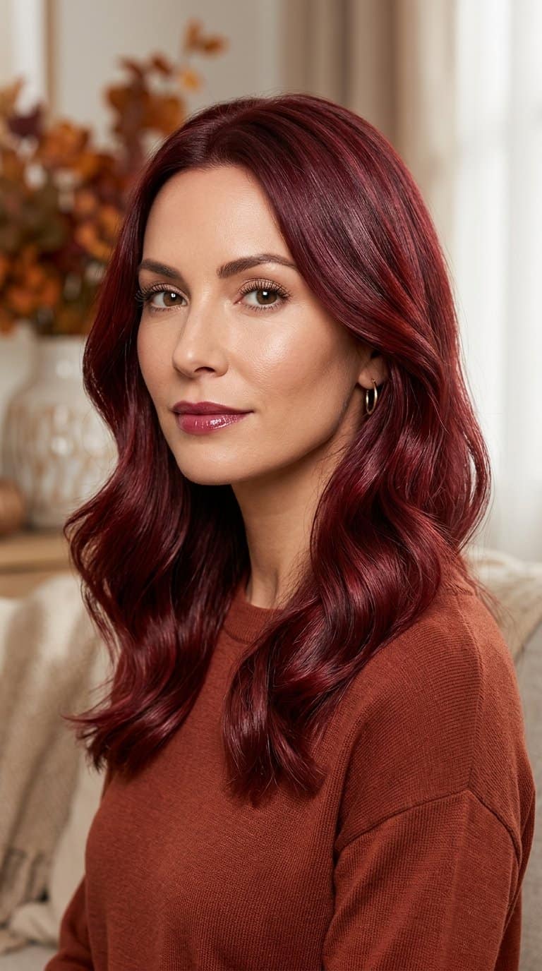 Woman with glossy cranberry-red hair styled in soft waves.