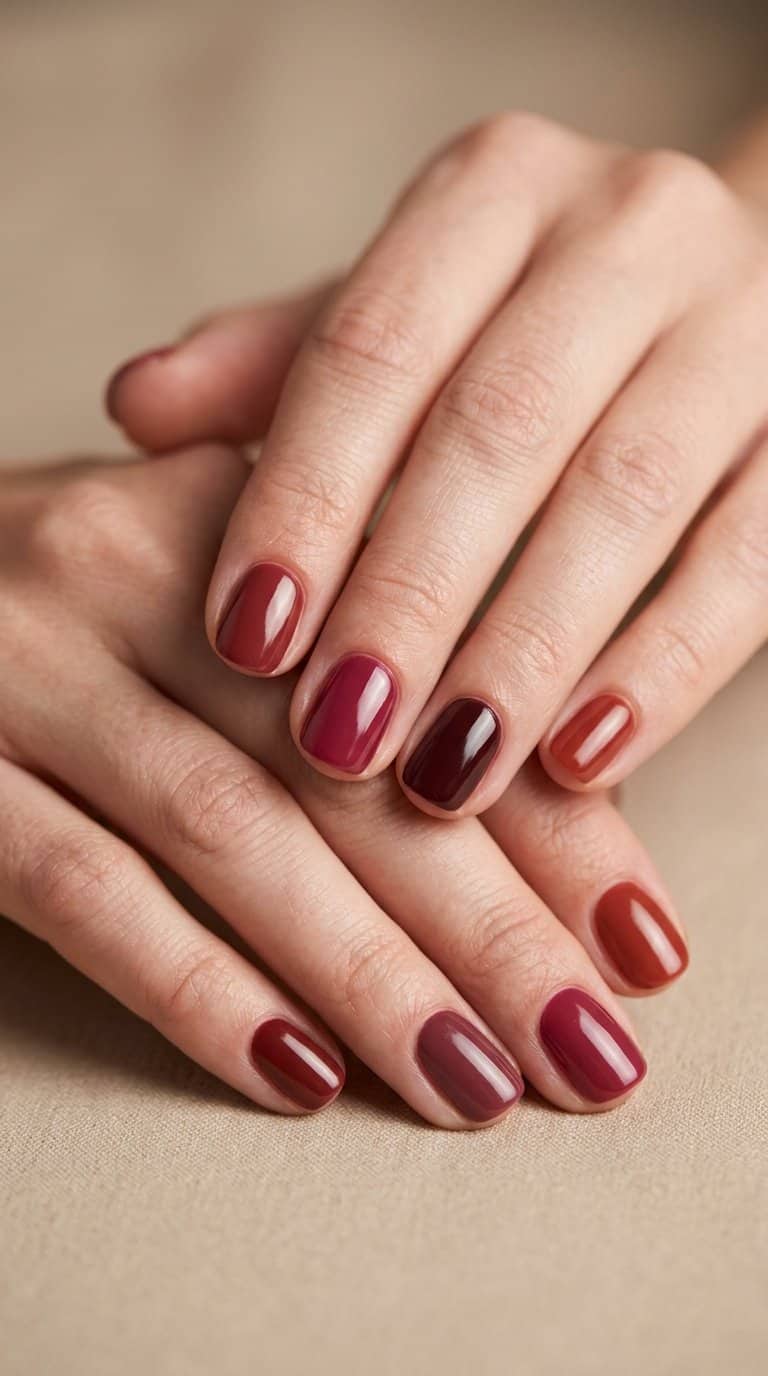 Close-up of short nails painted in coordinated cranberry and deep berry autumn shades.